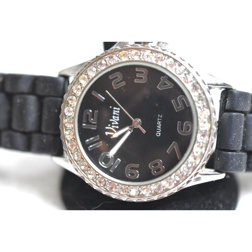 Vivani Rhinestone Accent Black Face Silicone Band New Battery Like New Watch